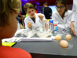 Warum ist es wichtig, die Zähne zu putzen?Das Zahnpasta-Experiment von Anne und Björk auf der Kieler Researchers´ Night 2016 stieß auf reges Interesse großer und kleiner Gäste.