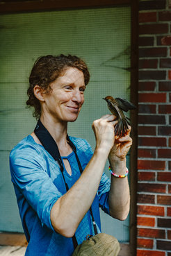 Miriam Liedvogel mit weiblicher Mönchsgrasmücke. Die Forscherin will herausfinden, welche Gene das Zugverhalten des Vogels steuern. Am Institut leben die Vögel in großen Volieren, damit ihr Verhalten unter kontrollierten Bedingungen untersucht werden kann.