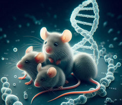 Created with DALL-E 3 via Microsoft Copilot. Prompt: ‘Create an image of mice of the C3H strain with DNA’
